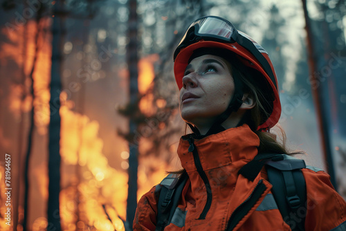 young caucasian woman firefighter in orange uniform stands near the forest fires, natural background