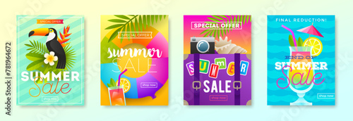 Set of summer sale promotion banners. Summer holidays and travel colorful bright background. Vacation poster design. Vector illustration.