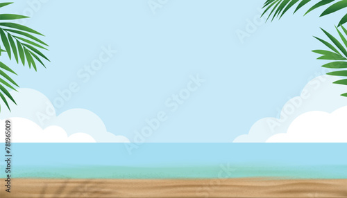 Summer background Tropical sand beach background with sea waves  sand  palm tree shadows Vector horizon holiday banner.Background for  Travel and beach vacation  copy space for text.