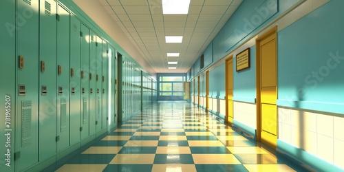 Serene blue-themed school corridor with lockers photo