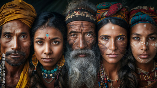 AI generated illustration of a multi-generational group adorned with tribal marks © Wirestock
