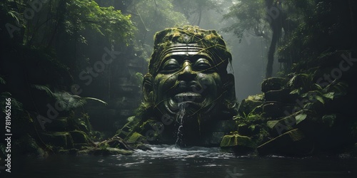 AI-generated illustration of an old statue of a lost ancient civilization in the jungle photo