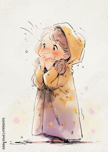 Cartoon Drawing: A Young Girls Playing in Raincoat