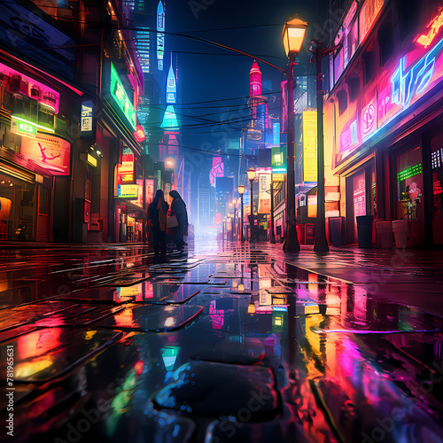 Neon lights and reflections in a rainy city.