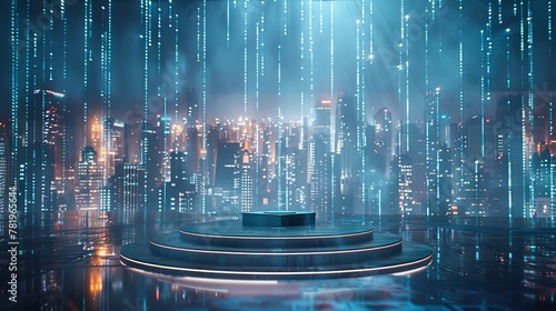 Envision a podium on a virtual stage, with a vast digital cityscape in the background. Skyscrapers made of light codes tower behind, showcasing a blend of urban development and digital evolution.