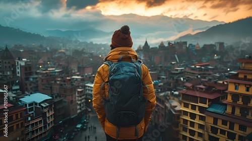 a person standing on a tall building ledge looking down at the city with mountains photo