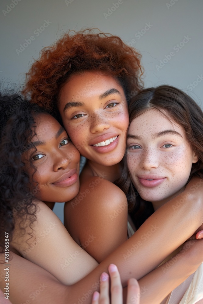 Three young women of different races and nationalities hug each other, they all smile happily. A portrait photo for a magazine cover with light background, studio lighting, closeup faces of the women Three young women of different races and nationalities hug each other, they all smile happily. A portrait photo for a magazine cover with light background, studio lighting, closeup faces of the women