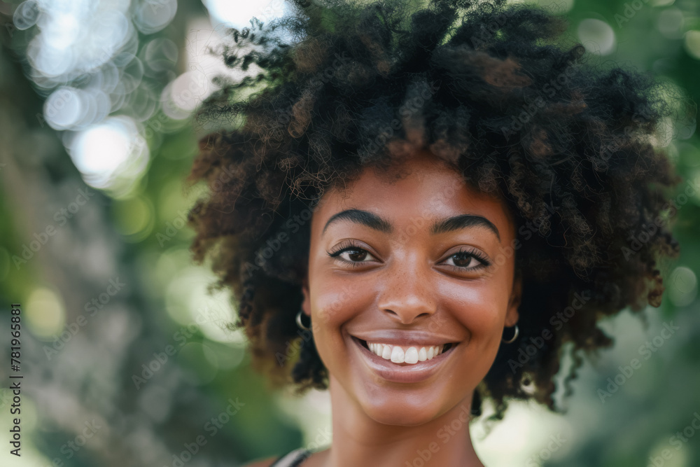 Portrait of a beautiful African American woman smiling in the park Portrait of a beautiful African American woman smiling in the park