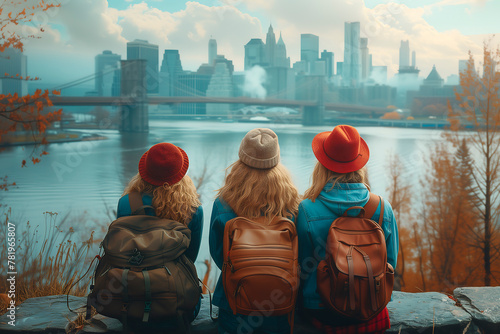 four women look over a city across the river, with the bridge in the background