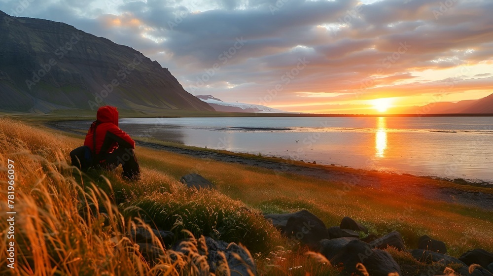 Midnight sun viewing in Iceland, awe-struck travelers - obrazy, fototapety, plakaty 