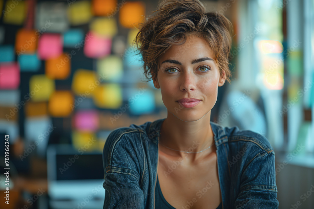 Scrum master Beautiful brunette woman with short hair in jeans engaging her business team in effective project management during a meeting Scrum master Beautiful brunette woman with short hair in jeans engaging her business team in effective project management during a meeting