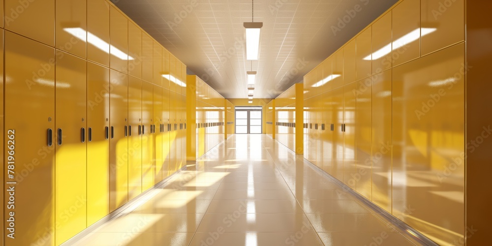 Sunlit School Corridor with Yellow Lockers