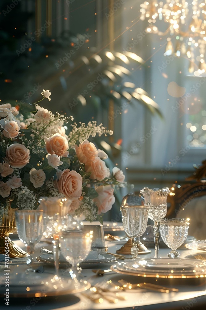 elegant table setting with roses and other formal items and items in vase