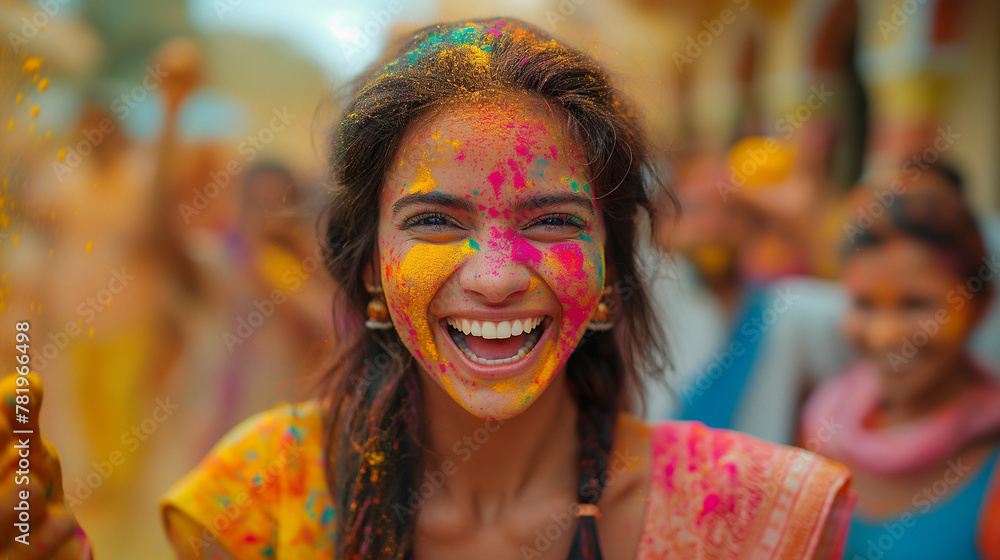 Close up of Indian woman covered with colorful powder Close up of Indian woman covered with colorful powder