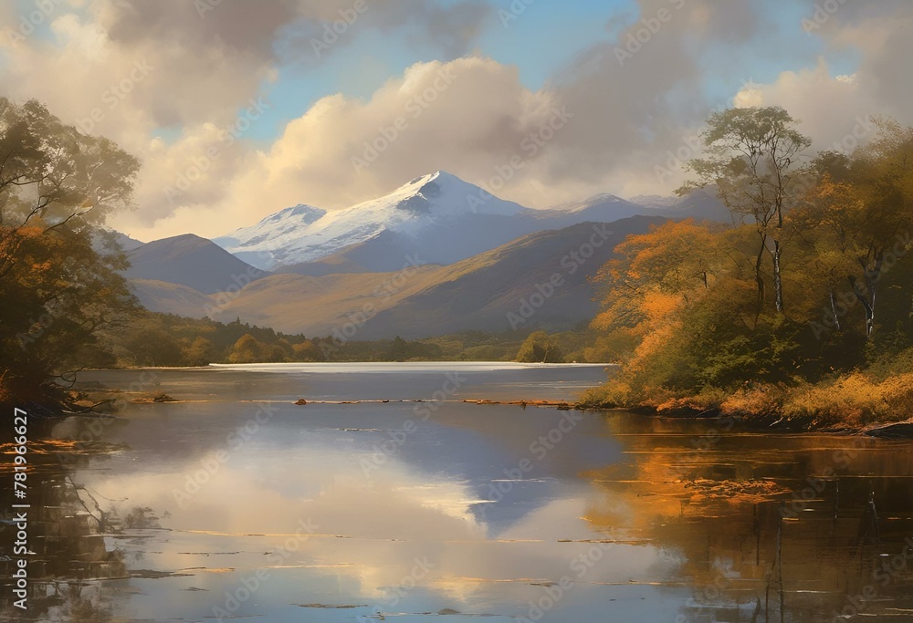 AI generated illustration of a scenic landscape painting of mountains and a lake
