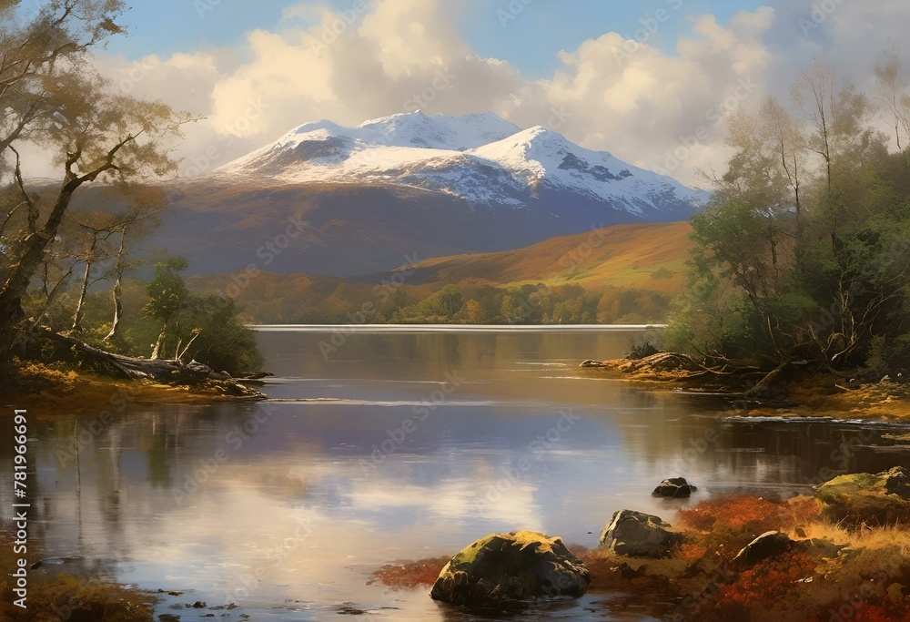 AI generated illustration of a scenic landscape painting of mountains and a lake