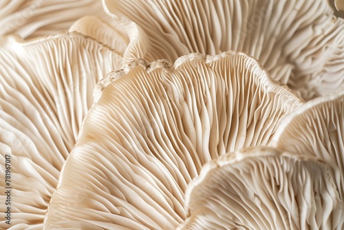 A closeup of the edge and texture of an oyster mushroom, showcasing its unique patterned edges in neutral tones. The soft cream background highlights details. Soft natural light, macro