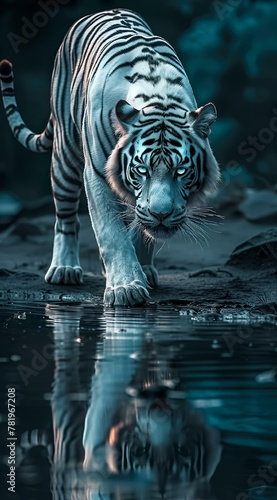white tiger walking into the water with reflection on rocks and mud ground