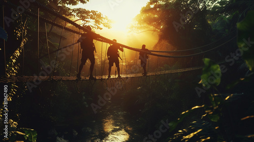 people crossing a bridge in the jungle during sunset time in costa rica