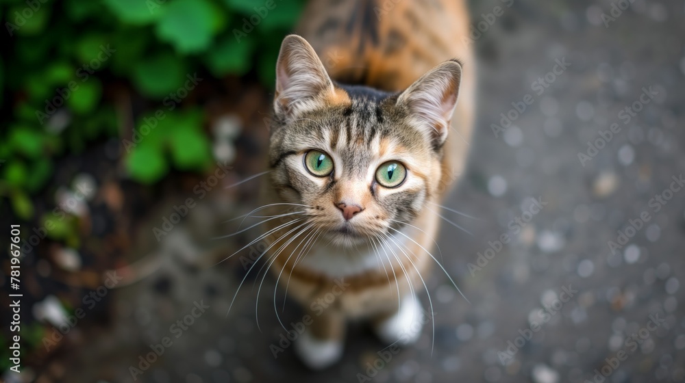 AI-generated illustration of a cute tabby cat looking up at the camera