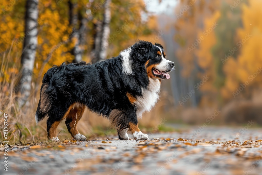 Alert Bernese Mountain Dog Walking Outdoors: Beauty and Cheerful Closeup of Cute and Biting Dog Alert Bernese Mountain Dog Walking Outdoors: Beauty and Cheerful Closeup of Cute and Biting Dog
