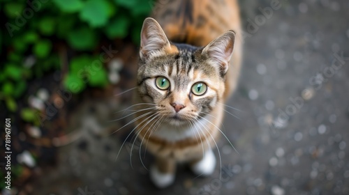 AI-generated illustration of a cute tabby cat looking up at the camera