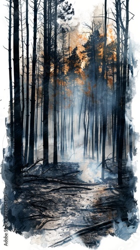 aftermath of a forest fire  with smoke lingering among charred trees  realistic watercolor   white background