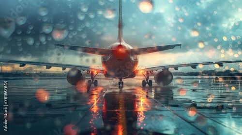 Airport Traveler with Rainy Reflections on Wet Aerodrome. Backlight Flare of Arrival Plane