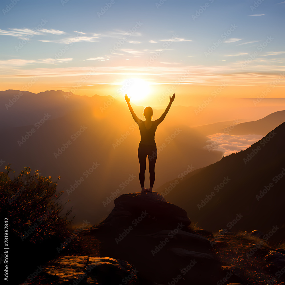 Silhouette of a person doing yoga on a mountaintop