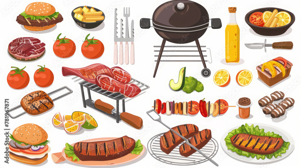 Barbecue set, grill with food and utensils illustration on white background. 