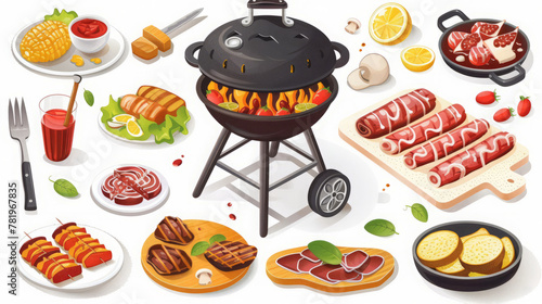 Barbecue set, grill with food and utensils illustration on white background. 