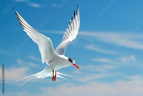 Beautiful Common Tern in Flight with Blue Sky Background - Stunning Birding Beauty with Fauna and Striking Beak