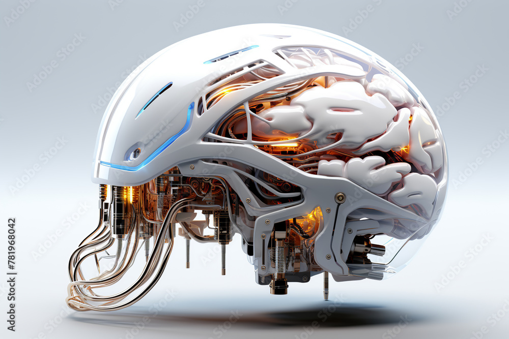 white robot brain with wires and mechanical parts on white and gray white robot brain with wires and mechanical parts on white and gray