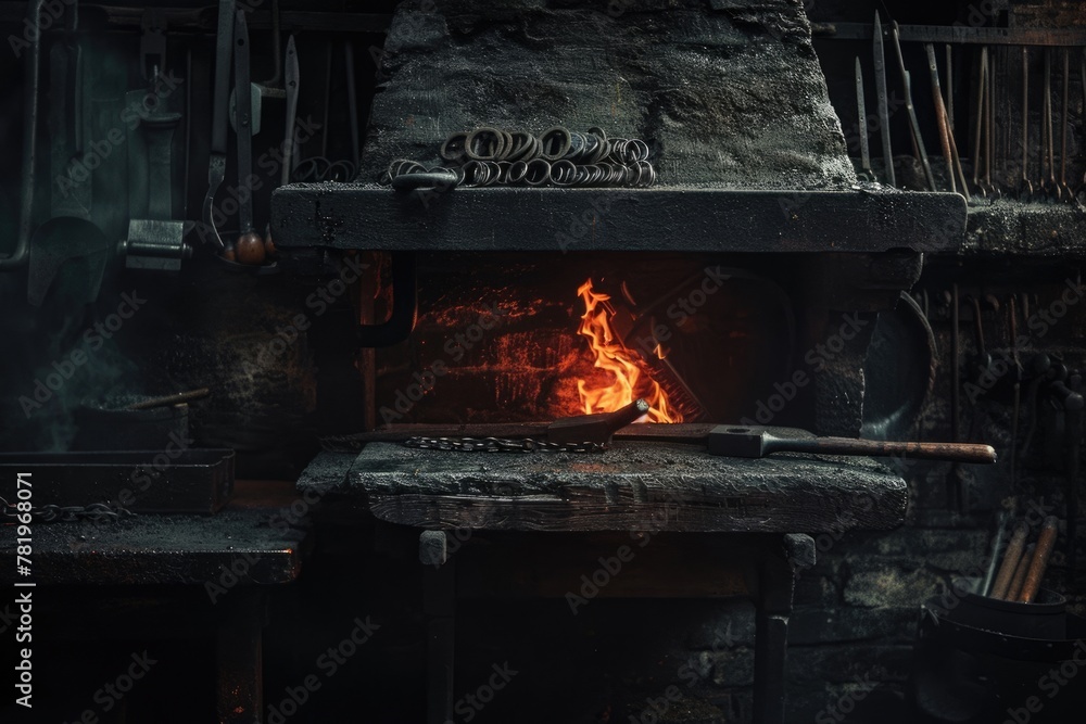 Blacksmith Tools on Display in Dark and Industrial Smithy Background with Horseshoe and Anvil