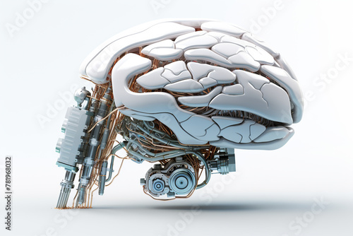 white robot brain with wires and mechanical parts on white and gray