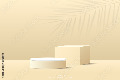 Abstract brown 3D cube pedestal and white cylinder podium realistic with palm leaf shadow on wall background. Minimal scene for product display. 3D stage for showcase. 3D vector geometric platform.