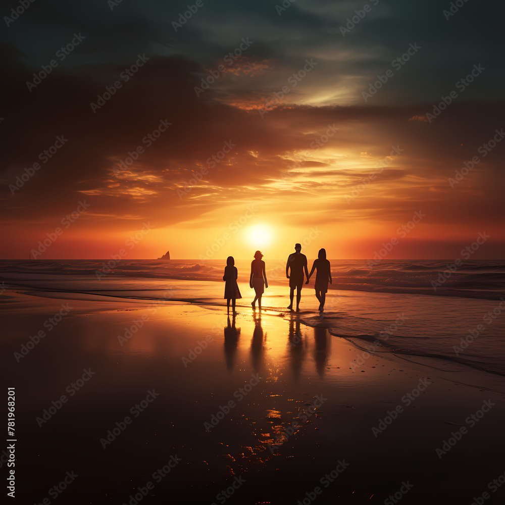 Silhouettes of people at sunrise on a beach.