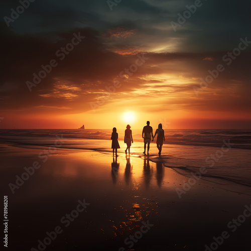 Silhouettes of people at sunrise on a beach.