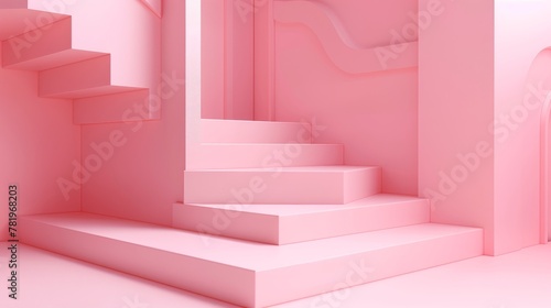 Pink pastel 3d rendering with geometric 3d steps. Background color is pink.