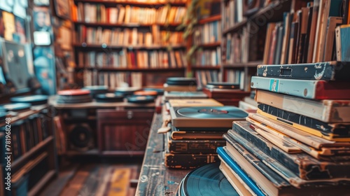 an old bookstore full of record albums and cds on a desk