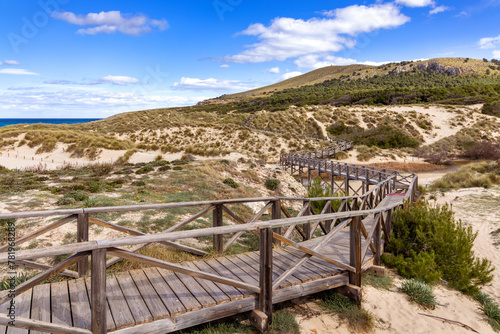 Wooden walkway through sand dunes at Cala Mesquida, Mallorca, Balearic Islands, Spain photo