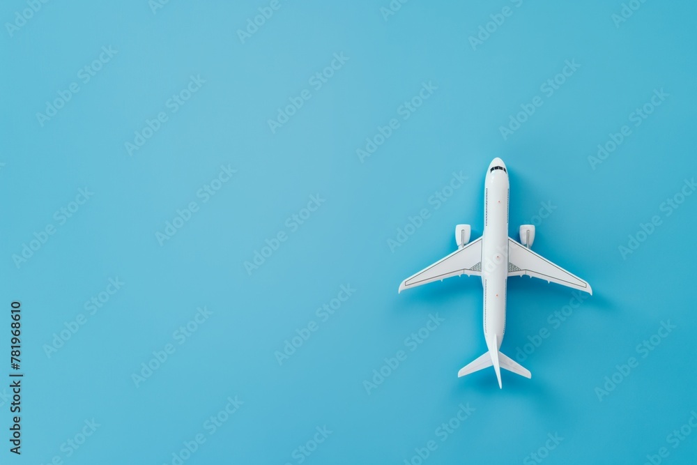 White airplane overhead view with blue background White airplane overhead view with blue background