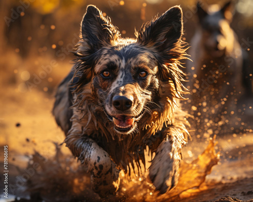 a dog runs through muddy water on a field with two dogs nearby