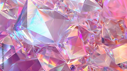 Detailed 3D render of abstract geometric crystal background, iridescent texture, faceted gemstone.