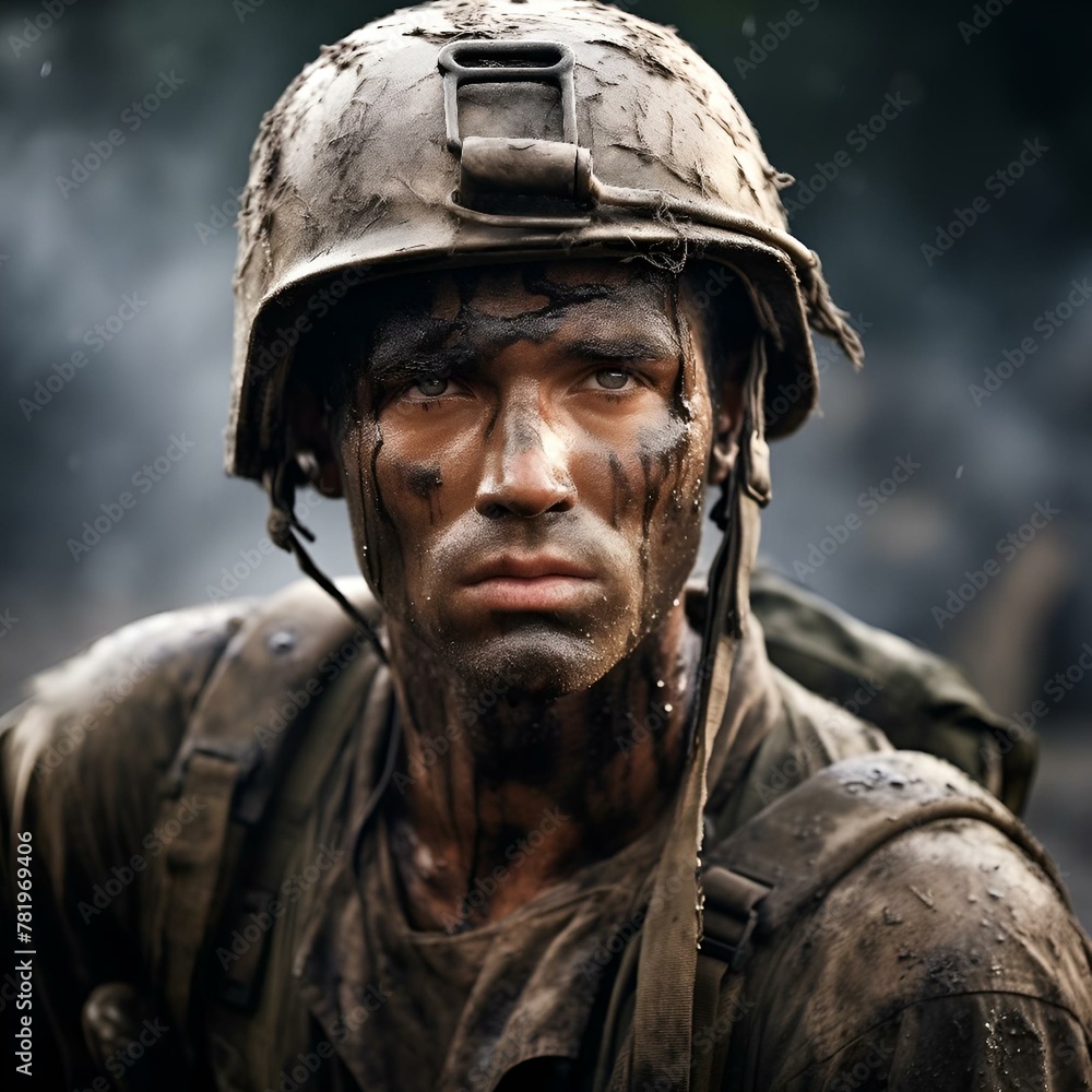AI generated illustration of a muddy soldier wearing military gear
