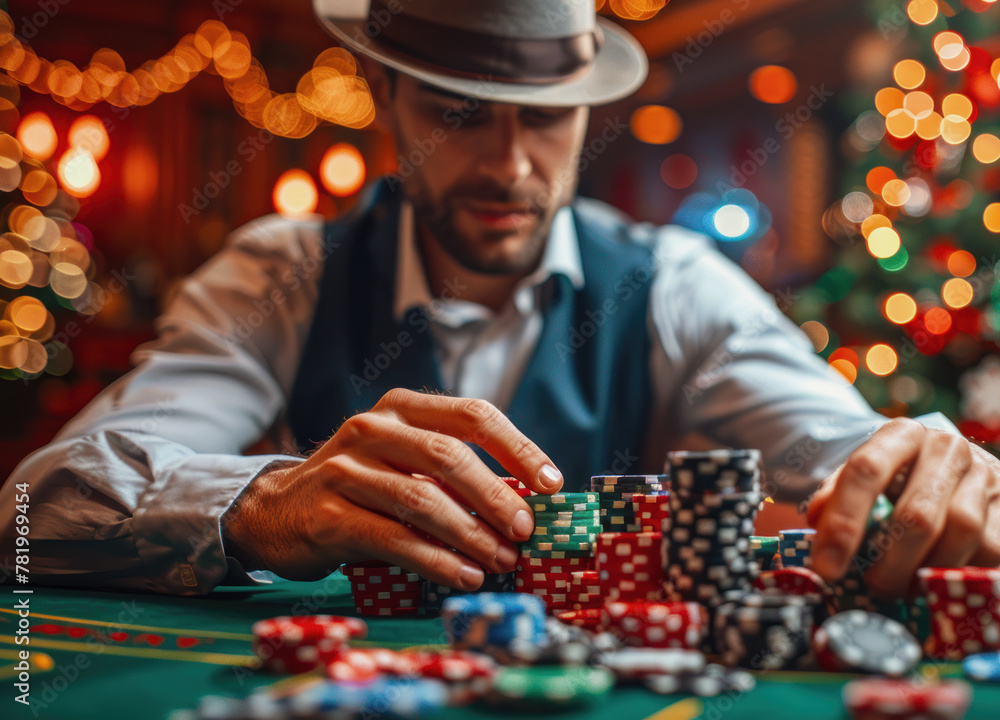 A person is playingin casino, with their hands holding chips on the table in front of them. The background is blurred