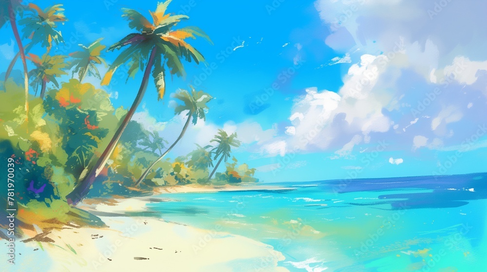 AI generated illustration of a sandy beach lined by palm trees with clear water