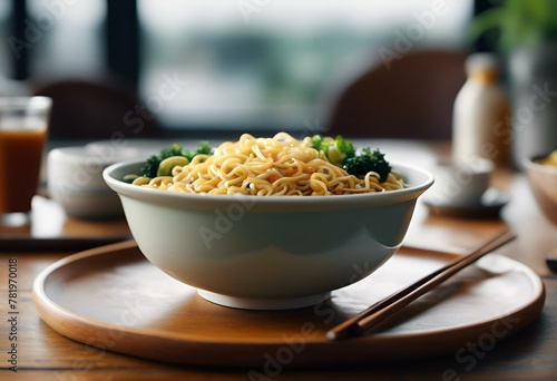 AI generated illustration of a bowl of noodles served with chopsticks