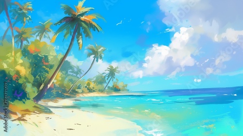 AI generated illustration of a sandy beach lined by palm trees with clear water