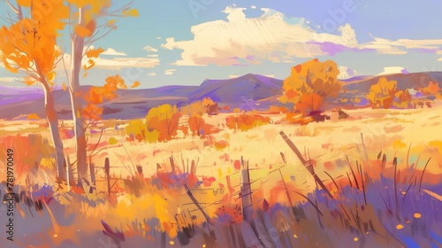 AI generated illustration of an autumn landscape painting with hills and trees